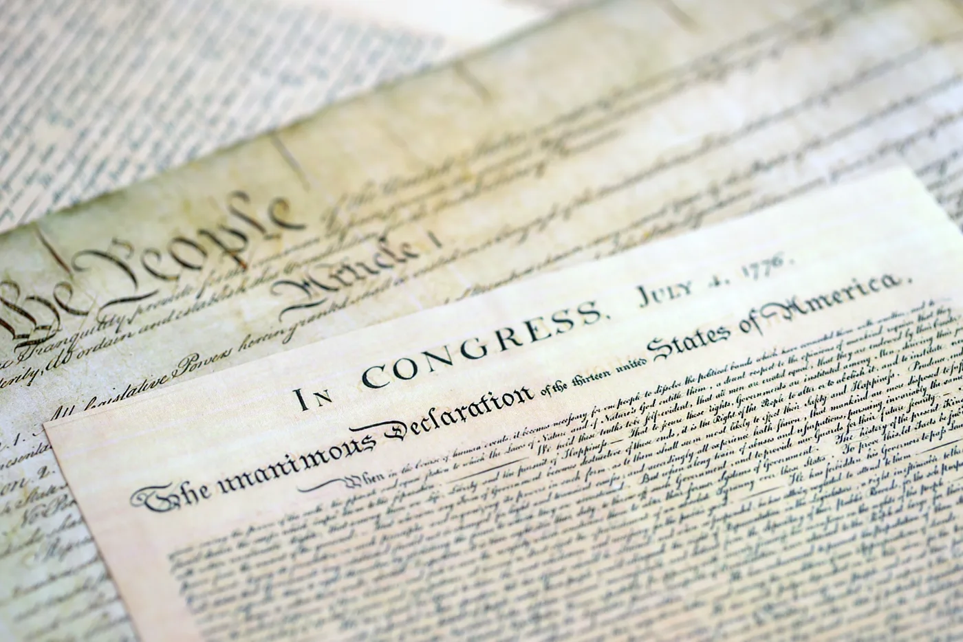 The Declaration of Independence — ‘In Congress, July 4, 1776’ — with the U.S. Constitution behind it